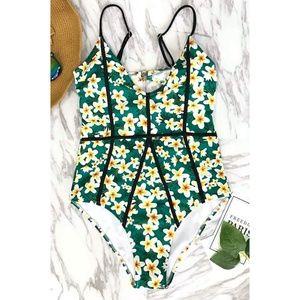 NWT Green Floral Print V Neck One Piece Bathing Suit Swimsuit Size Small